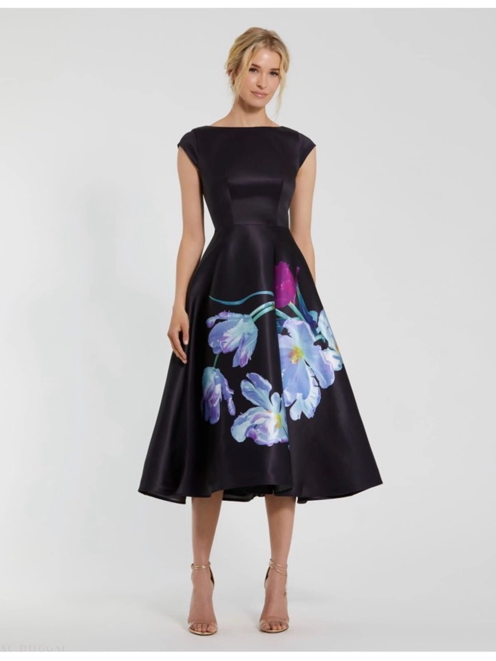 MAC DUGGAL # 20995 Black Satin Cap Sleeve Midi Dress With Floral Print -Size 8